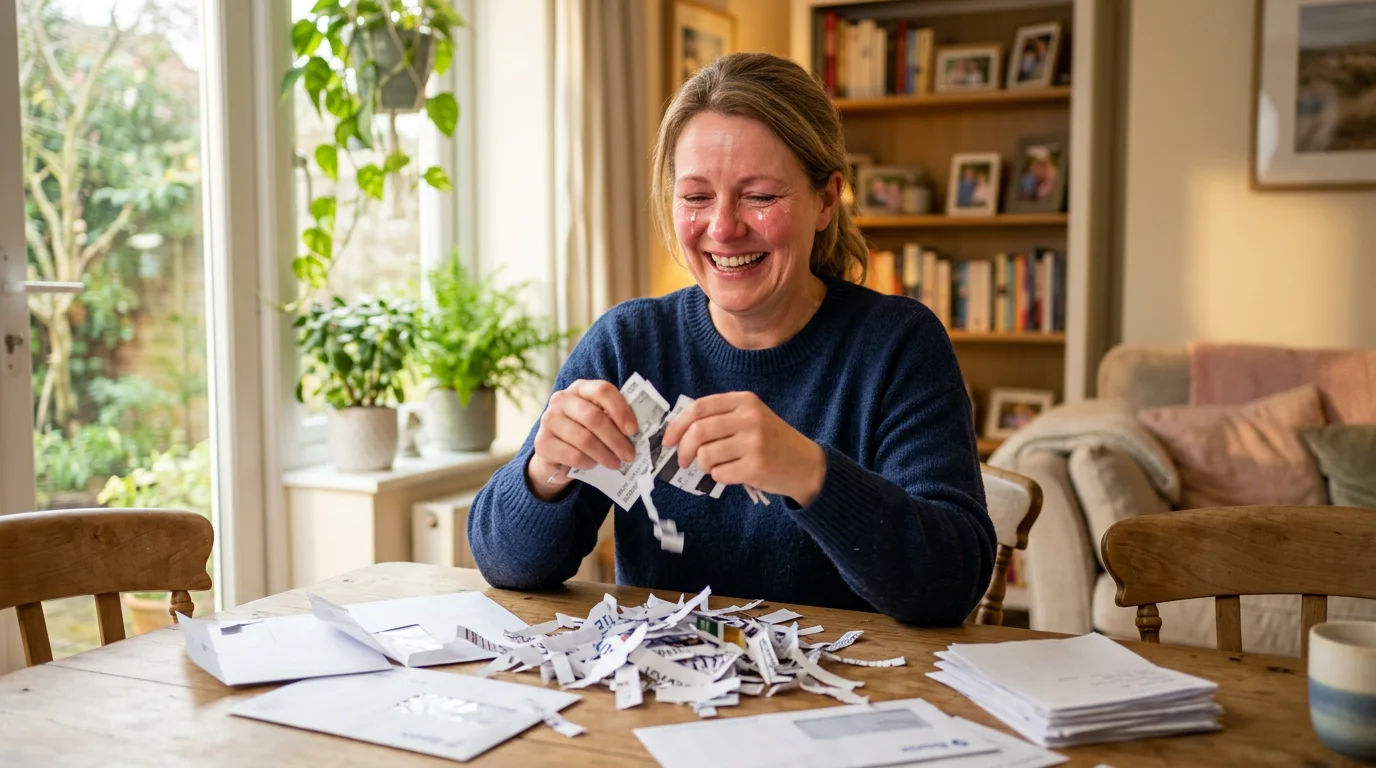 Person celebrating being debt free, tearing up credit card bills with a smile