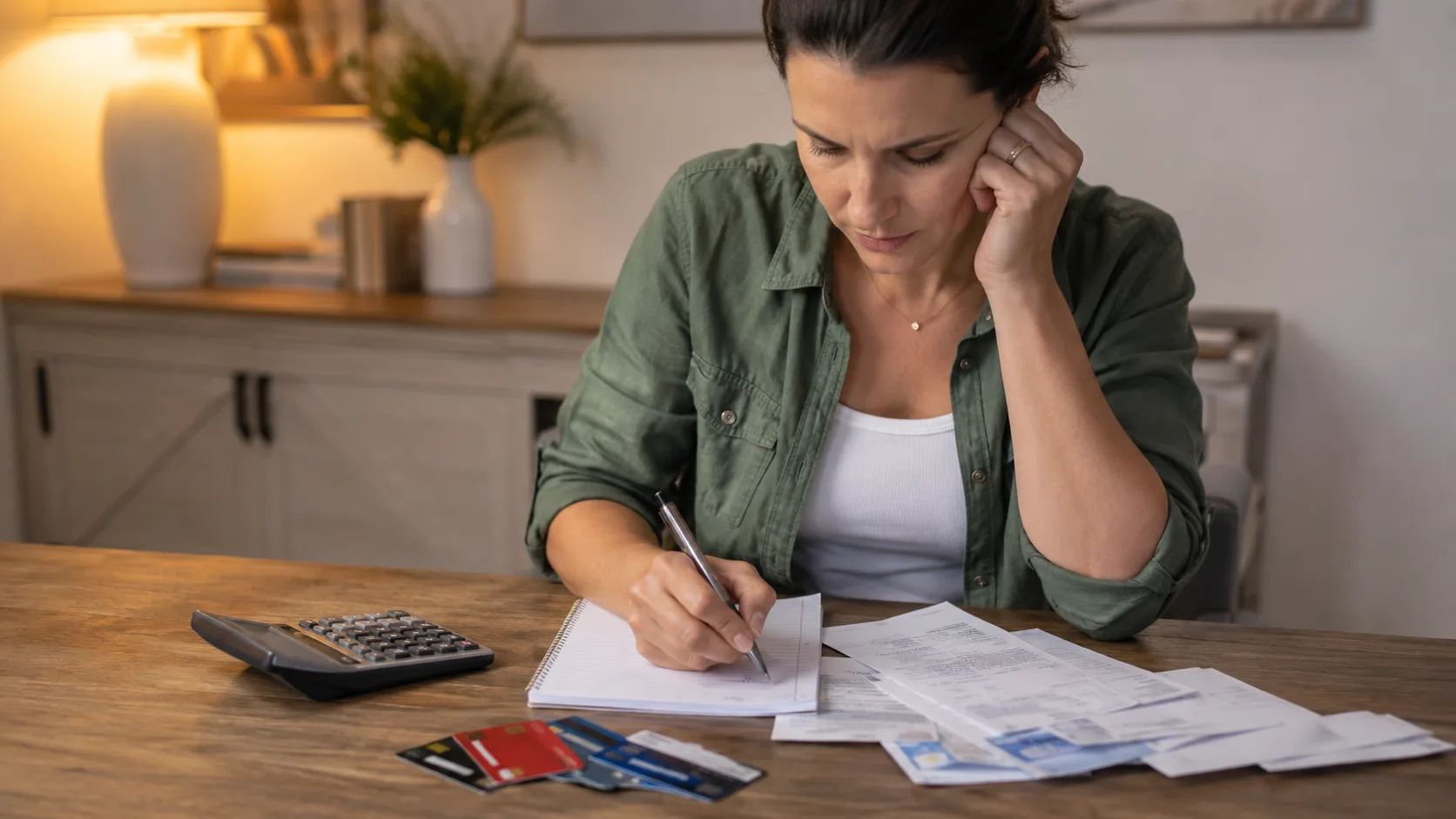 Person writing debt payoff plan on paper with calculator and credit cards on desk