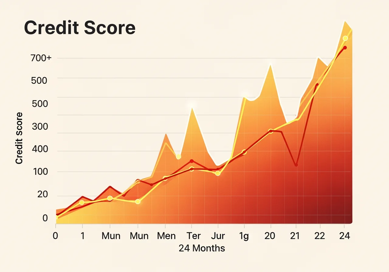 Timeline chart showing credit score growth from 0 to 700 plus over 12 to 24 months using secured card and credit builder loan