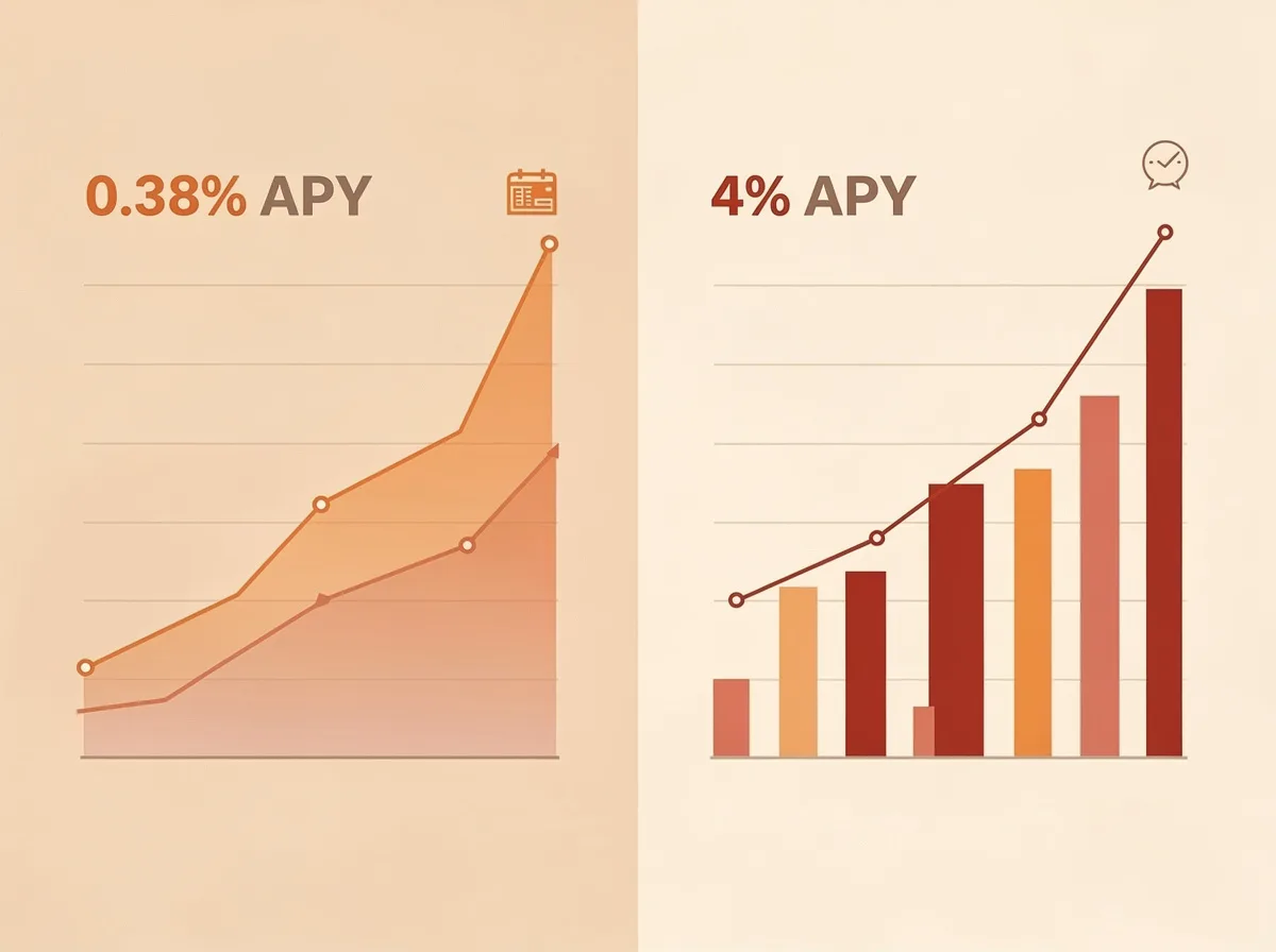 Side by side comparison showing traditional bank 0.38% APY versus high yield savings account 4% APY growth over time