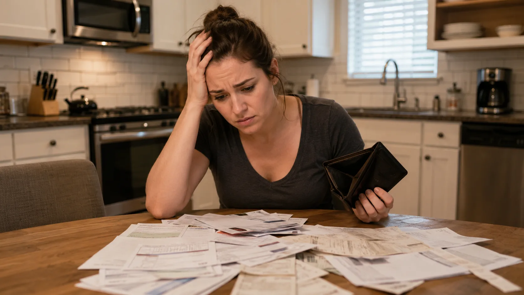 Person looking stressed at bills and empty wallet on kitchen table